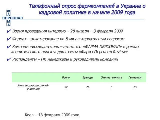 Киев – 18 февраля 2009 года Телефонный опрос фармкомпаний в Украине о