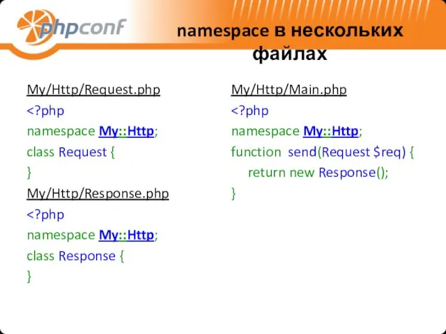namespace в нескольких файлах My/Http/Request.php namespace My::Http; class Request { } My/Http/Response.php