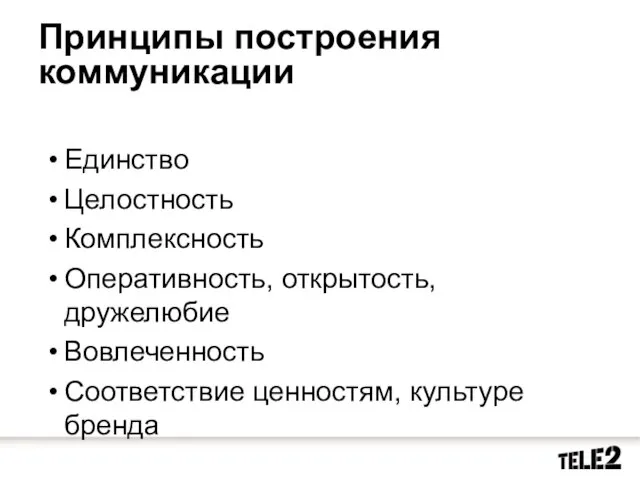 Принципы построения коммуникации Единство Целостность Комплексность Оперативность, открытость, дружелюбие Вовлеченность Соответствие ценностям, культуре бренда