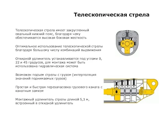 Телескопическая стрела Телескопическая стрела имеет закругленный овальный нижний пояс, благодаря чему обеспечивается