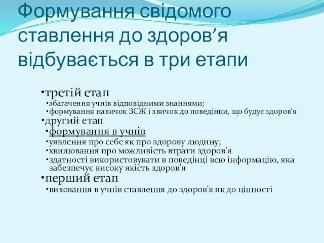 третій етап збагачення учнів відповідними знаннями; формування навичок ЗСЖ і звичок до