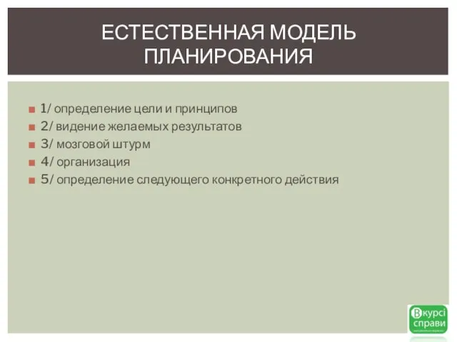 1/ определение цели и принципов 2/ видение желаемых результатов 3/ мозговой штурм