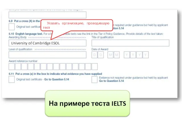 Указать организацию, проводившую тест University of Cambridge ESOL На примере теста IELTS