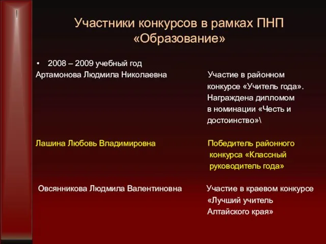 Участники конкурсов в рамках ПНП «Образование» 2008 – 2009 учебный год Артамонова