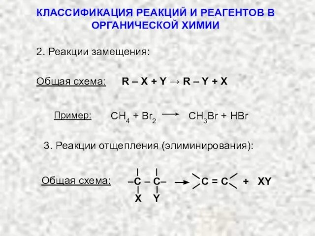 КЛАССИФИКАЦИЯ РЕАКЦИЙ И РЕАГЕНТОВ В ОРГАНИЧЕСКОЙ ХИМИИ R – X + Y