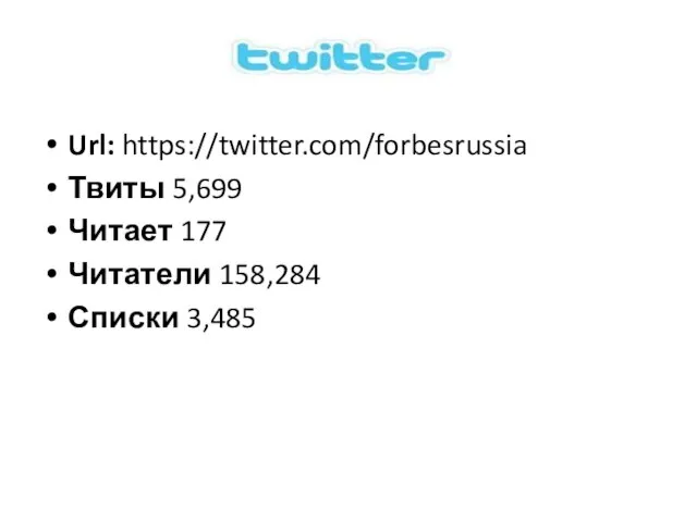 Url: https://twitter.com/forbesrussia Твиты 5,699 Читает 177 Читатели 158,284 Списки 3,485