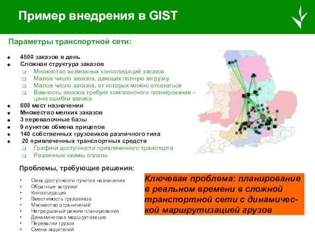 Параметры транспортной сети: 4500 заказов в день Сложная структура заказов Множество возможных