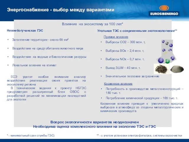 Энергоснабжение - выбор между вариантами Нижнебогучанская ГЭС Угольная ТЭС с современными экотехнологиями**