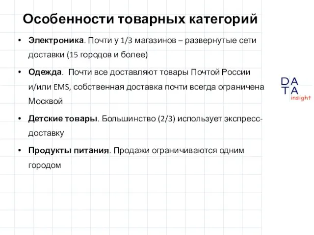 Особенности товарных категорий Электроника. Почти у 1/3 магазинов – развернутые сети доставки