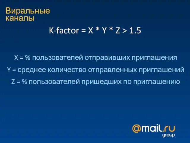 Виральные каналы K-factor = X * Y * Z > 1.5 X