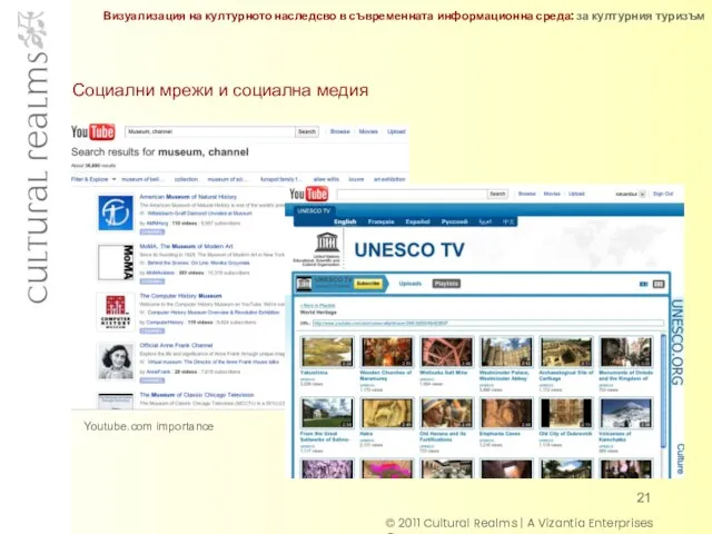 © 2011 Cultural Realms | A Vizantia Enterprises Company Youtube.com importance Социални