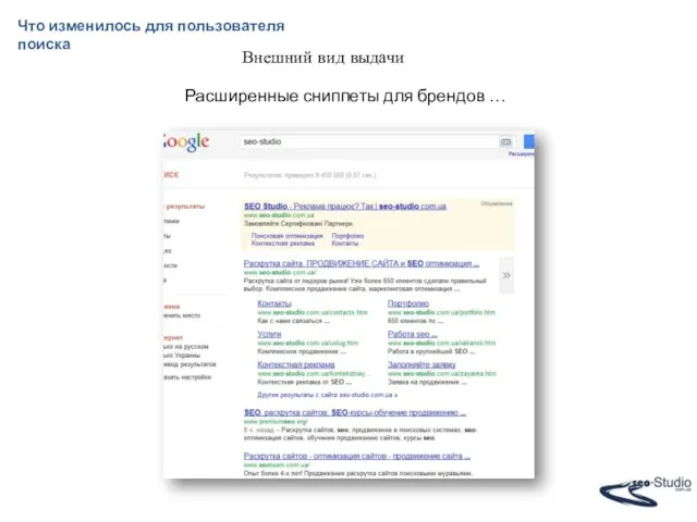 Что изменилось для пользователя поиска Внешний вид выдачи Расширенные сниппеты для брендов …