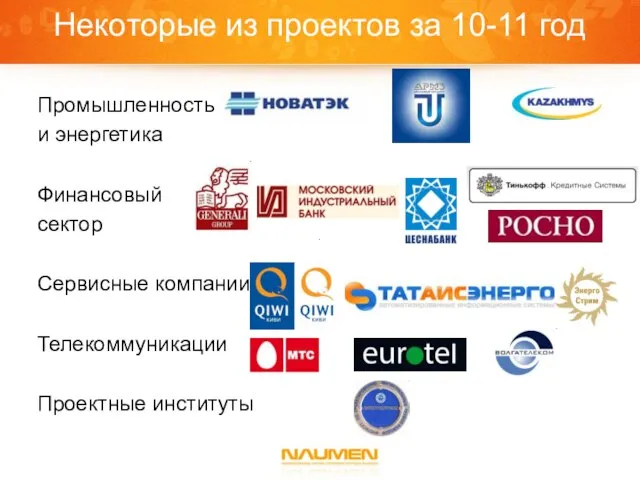 Промышленность и энергетика Финансовый сектор Сервисные компании Телекоммуникации Проектные институты Некоторые из проектов за 10-11 год