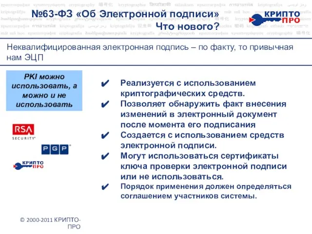 №63-ФЗ «Об Электронной подписи» Что нового? © 2000-2011 КРИПТО-ПРО Неквалифицированная электронная подпись