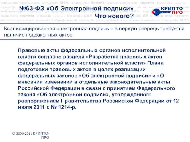 №63-ФЗ «Об Электронной подписи» Что нового? © 2000-2011 КРИПТО-ПРО Квалифицированная электронная подпись