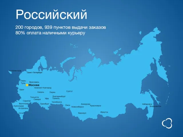 Российский 200 городов, 939 пунктов выдачи заказов 80% оплата наличными курьеру