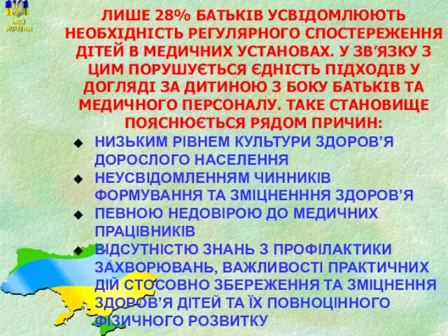 ЛИШЕ 28% БАТЬКІВ УСВІДОМЛЮЮТЬ НЕОБХІДНІСТЬ РЕГУЛЯРНОГО СПОСТЕРЕЖЕННЯ ДІТЕЙ В МЕДИЧНИХ УСТАНОВАХ. У