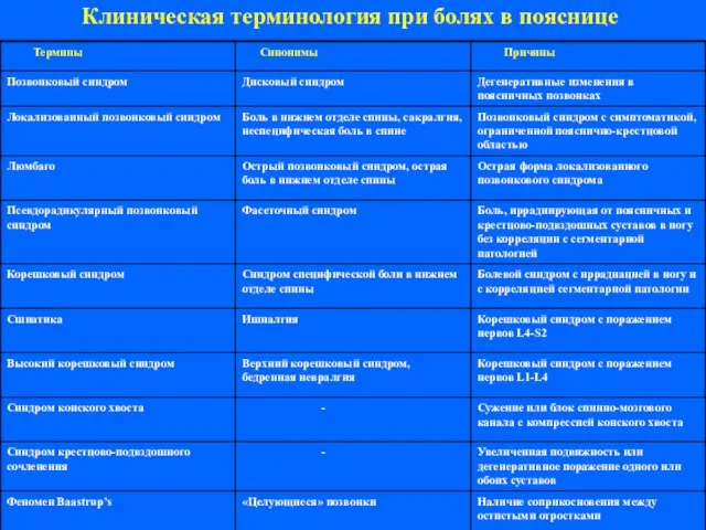 Клиническая терминология при болях в пояснице