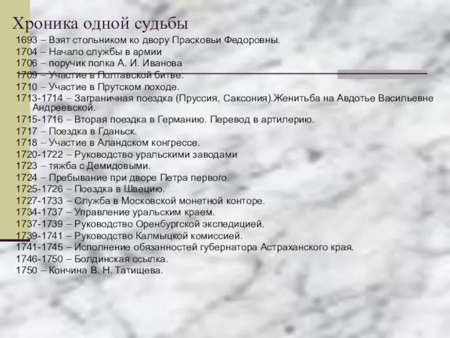 Хроника одной судьбы 1693 – Взят стольником ко двору Прасковьи Федоровны. 1704