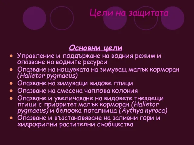 Цели на защитата Основни цели Управление и поддържане на водния режим и