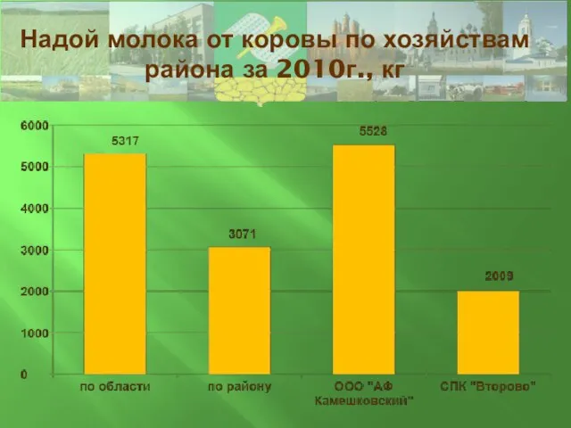 Надой молока от коровы по хозяйствам района за 2010г., кг