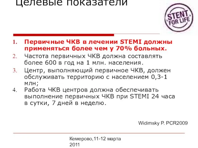 Кемерово,11-12 марта 2011 Целевые показатели Первичные ЧКВ в лечении STEMI должны применяться