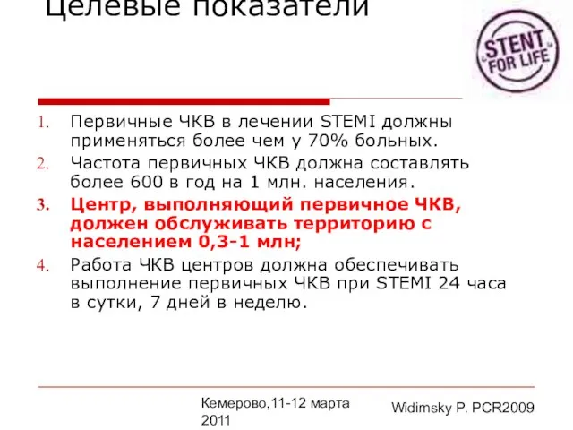 Кемерово,11-12 марта 2011 Целевые показатели Первичные ЧКВ в лечении STEMI должны применяться