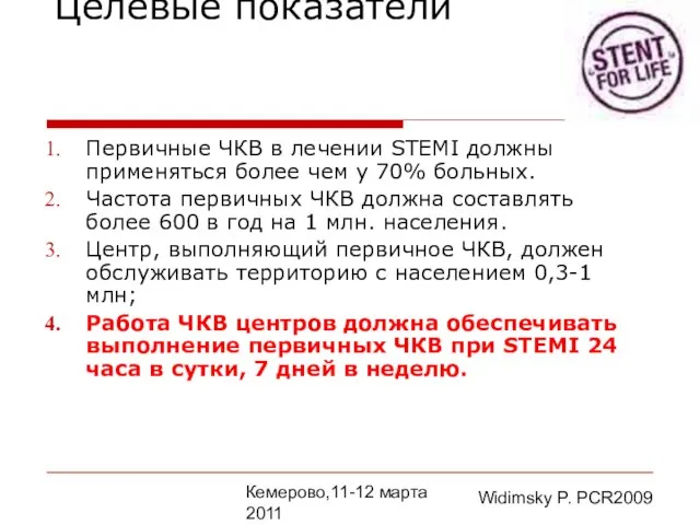 Кемерово,11-12 марта 2011 Целевые показатели Первичные ЧКВ в лечении STEMI должны применяться