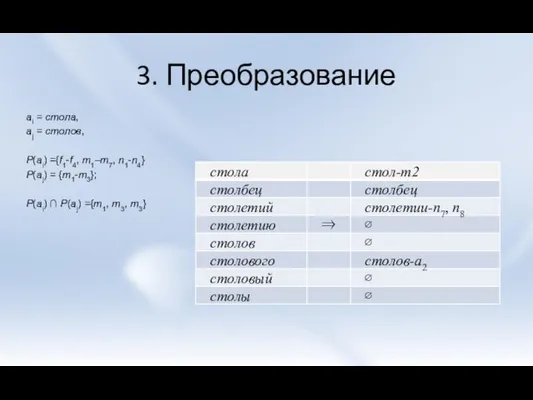 3. Преобразование ai = стола, aj = столов, P(ai) ={f1-f4, m1–m7, n1-n4}