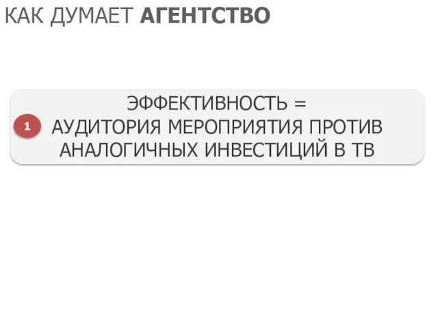 КАК ДУМАЕТ АГЕНТСТВО ЭФФЕКТИВНОСТЬ = АУДИТОРИЯ МЕРОПРИЯТИЯ ПРОТИВ АНАЛОГИЧНЫХ ИНВЕСТИЦИЙ В ТВ 1