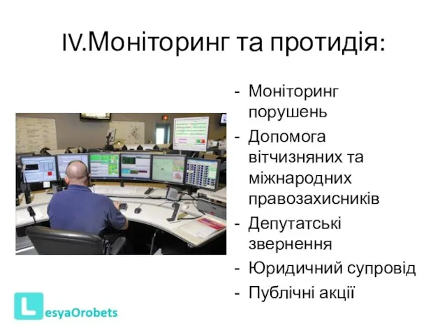 IV.Моніторинг та протидія: Моніторинг порушень Допомога вітчизняних та міжнародних правозахисників Депутатські звернення Юридичний супровід Публічні акції