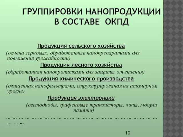 ГРУППИРОВКИ НАНОПРОДУКЦИИ В СОСТАВЕ ОКПД Продукция сельского хозяйства (семена зерновых, обработанные нанопрепаратами