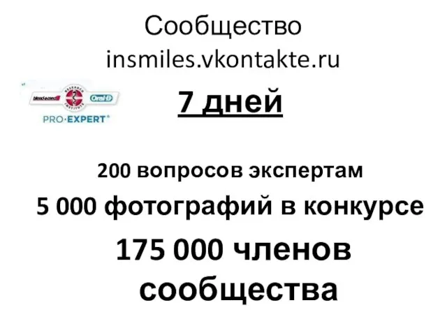 Сообщество insmiles.vkontakte.ru 7 дней 200 вопросов экспертам 5 000 фотографий в конкурсе 175 000 членов сообщества