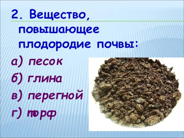 2. Вещество, повышающее плодородие почвы: а) песок б) глина в) перегной г) торф