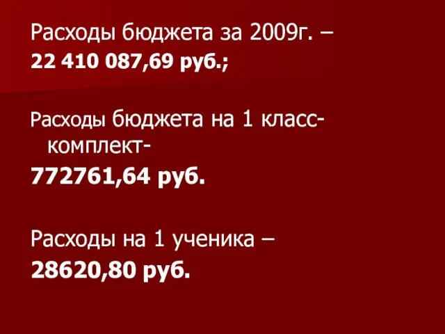 Расходы бюджета за 2009г. – 22 410 087,69 руб.; Расходы бюджета на