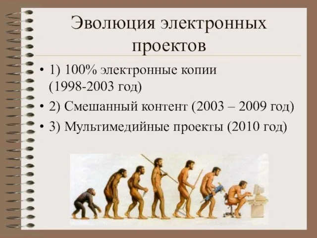 Эволюция электронных проектов 1) 100% электронные копии (1998-2003 год) 2) Смешанный контент