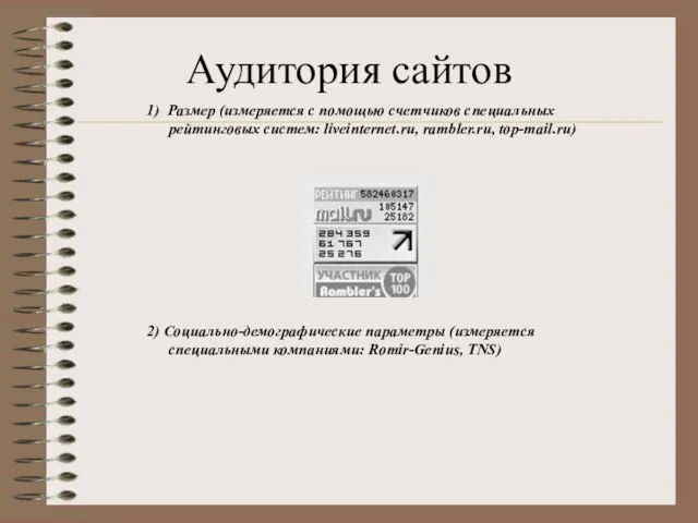 Аудитория сайтов 1) Размер (измеряется с помощью счетчиков специальных рейтинговых систем: liveinternet.ru,