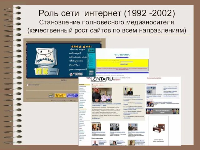 Роль сети интернет (1992 -2002) Становление полновесного медианосителя (качественный рост сайтов по всем направлениям)