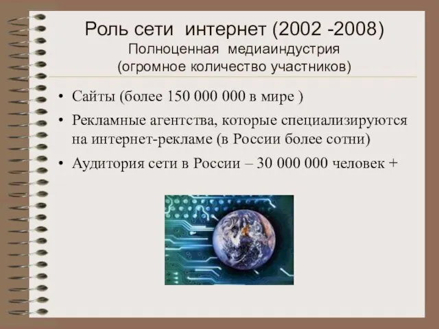 Роль сети интернет (2002 -2008) Полноценная медиаиндустрия (огромное количество участников) Сайты (более