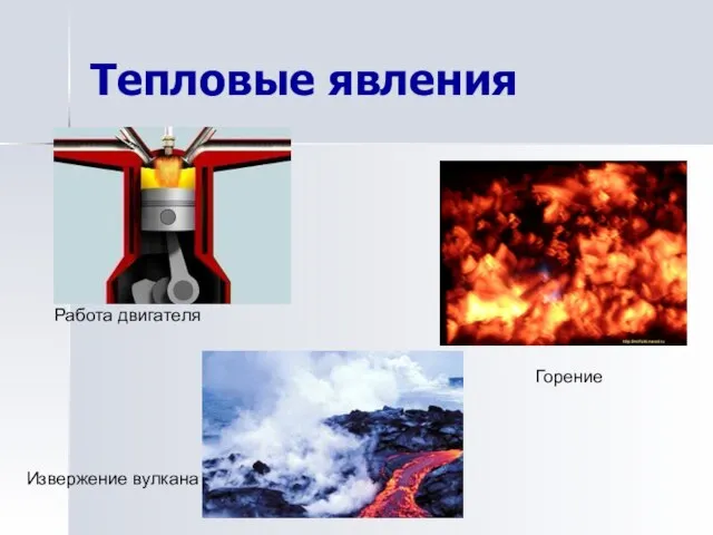 Тепловые явления Работа двигателя Горение Извержение вулкана