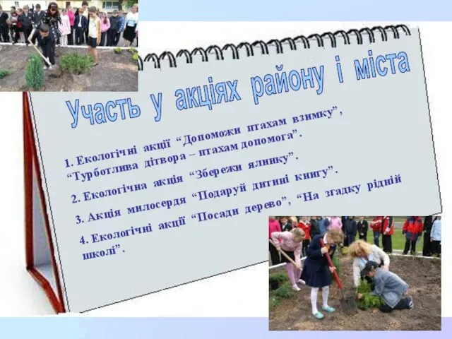 Участь у акціях району і міста 1. Екологічні акції “Допоможи птахам взимку”,