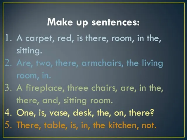 Make up sentences: A carpet, red, is there, room, in the, sitting.