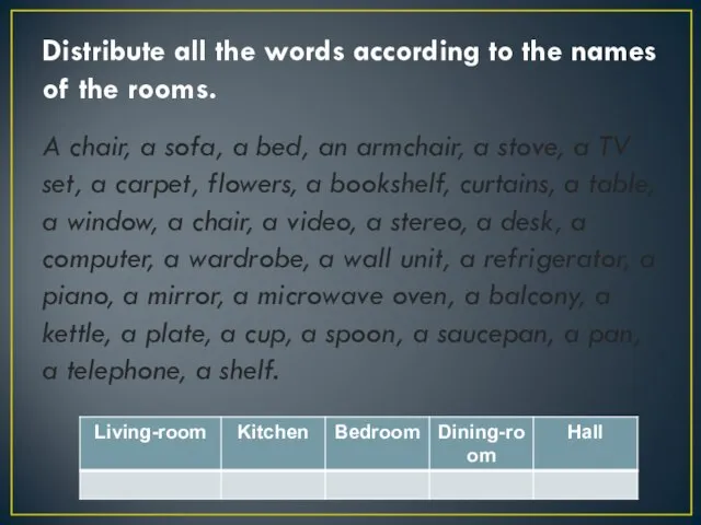 Distribute all the words according to the names of the rooms. A