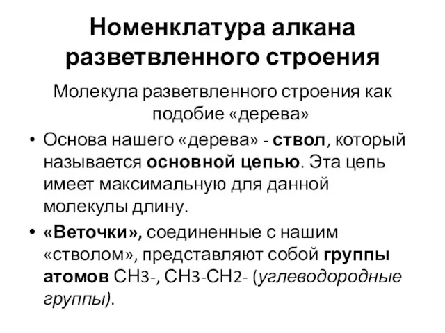 Номенклатура алкана разветвленного строения Молекула разветвленного строения как подобие «дерева» Основа нашего