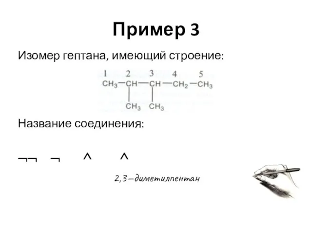 Пример 3 Изомер гептана, имеющий строение: Название соединения: ¬¬ ¬ ^ ^ 2,3—диметилпентан