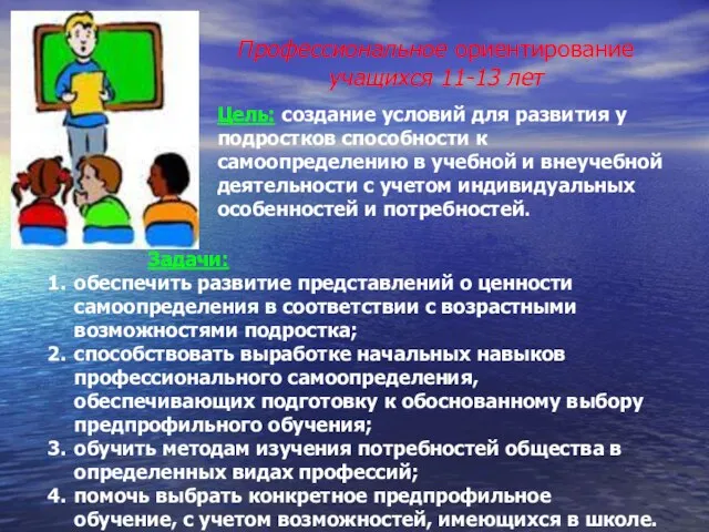 Профессиональное ориентирование учащихся 11-13 лет Цель: создание условий для развития у подростков