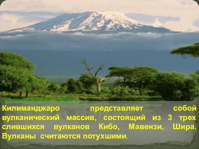 Килиманджаро представляет собой вулканический массив, состоящий из 3 трех слившихся вулканов Кибо,