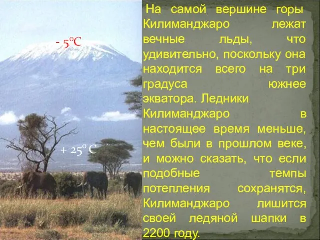 На самой вершине горы Килиманджаро лежат вечные льды, что удивительно, поскольку она