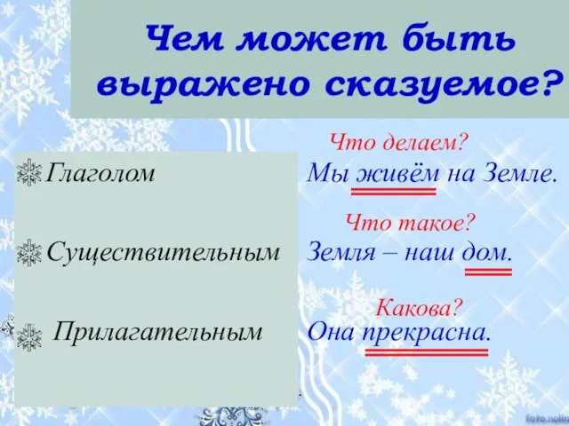 Чем может быть выражено сказуемое? Глаголом Существительным Прилагательным Мы живём на Земле.