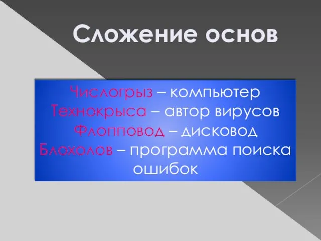 Сложение основ Числогрыз – компьютер Технокрыса – автор вирусов Флопповод – дисковод